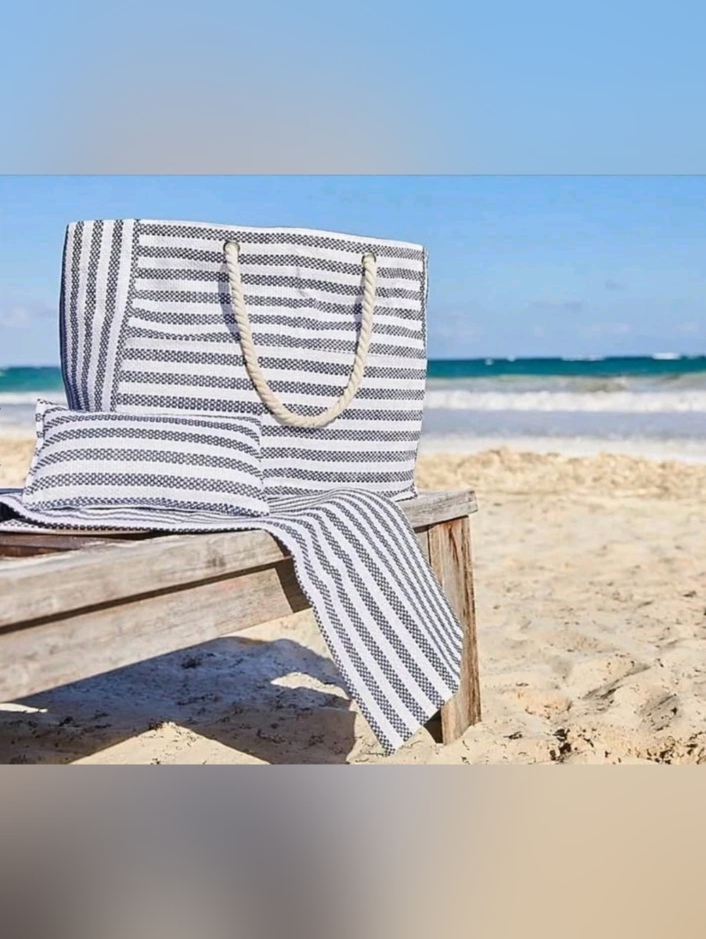 Striped Blue and White Beach Tote Bag Set